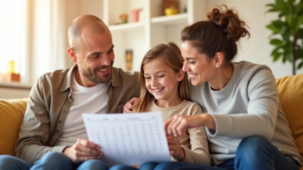 Famille assise sur un canapé regarde ensemble un calendrier mensuel