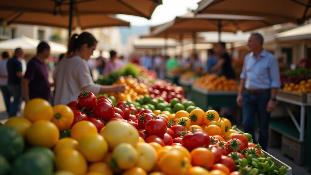 Marché fermier avec producteurs locaux vendant fruits et légumes