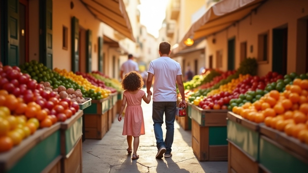 Parent et enfant faisant les courses au marché provençal