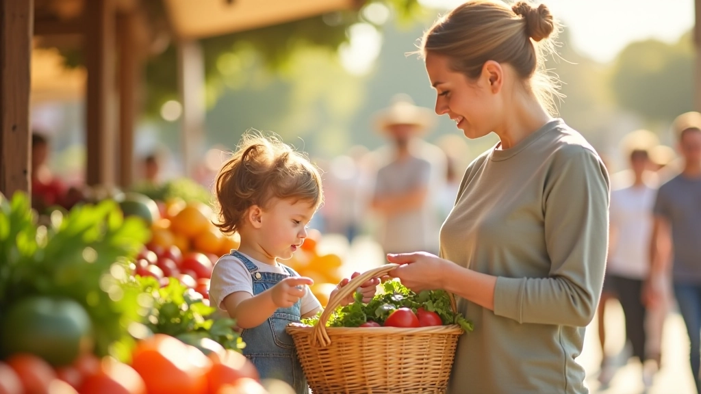 Parent et enfant font les courses au marché local avec panier en osier
