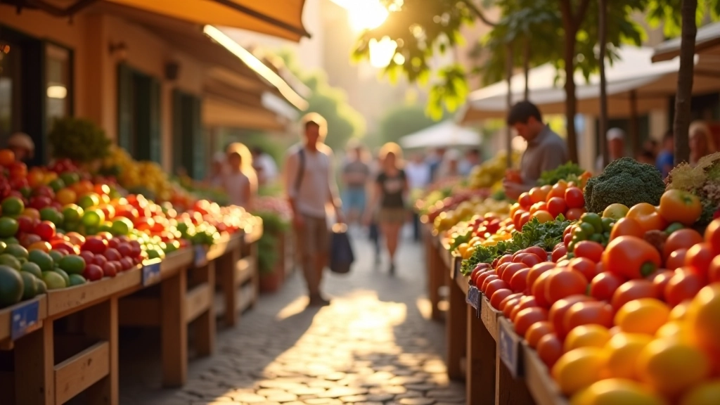 Marché provençal avec étalages de fruits et légumes frais colorés sous le soleil de Marseille
