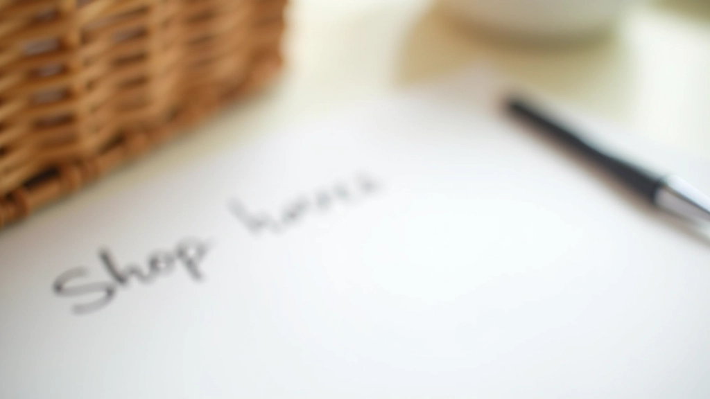 Liste de courses écrite à la main avec stylo et panier d'épicerie en osier sur table blanche