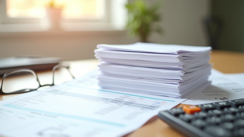Factures d'électricité et de chauffage empilées sur un bureau