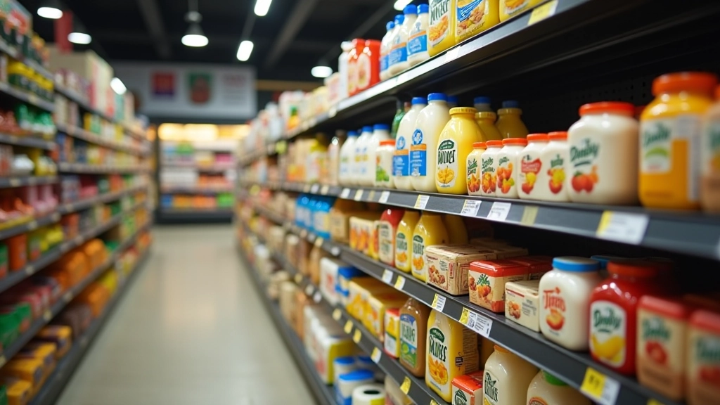Étagères de supermarché avec produits laitiers et emballages alimentaires